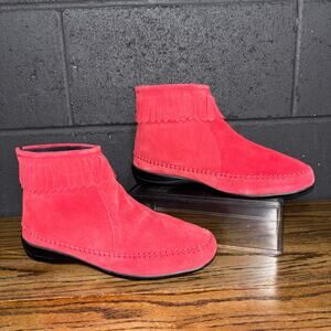 Comfort Ease Red Suede Ankle Boots Fringe Zip Booties Women’s 10